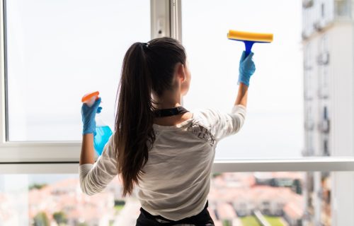 people, housework and housekeeping concept. Happy woman in gloves cleaning window with rag and cleanser spray at home people, housework and housekeeping concept. Happy woman in gloves cleaning window with rag and cleanser spray at home