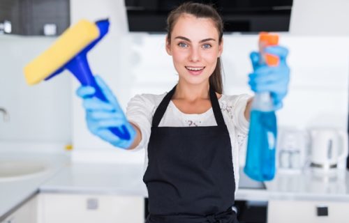 Young pretty woman hoding clean tools standing in the kitchen Young woman hoding clean tools standing in the kitchen