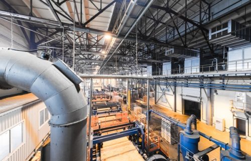 Manufacturing factory, modern high-tech production Top view of modern operational plant producing fiberglass heavy industry machinery metalworking workshop concept.